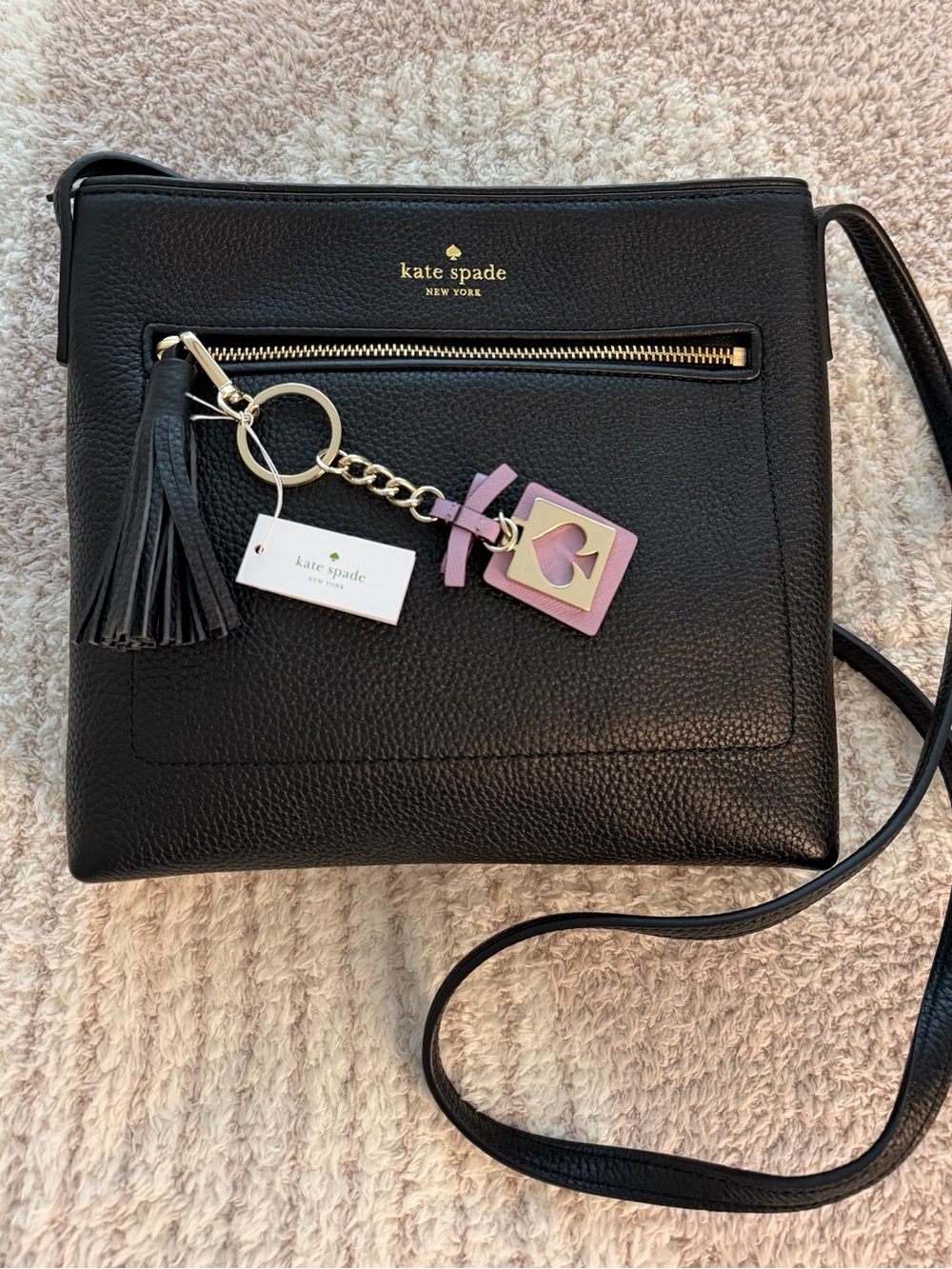 Kate Spade Black Pebbled Leather Crossbody Bag + Spade Charm Like New